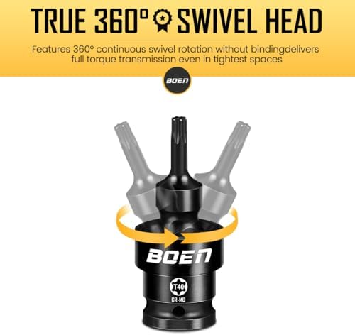 BOEN 8-Pieces Universal Torx Bit Driver Impact Socket, 1/2" Drive Size (T30, T40, T45, T47, T50, T55, T60, T70) With Socket Rail, CR-MO Steel