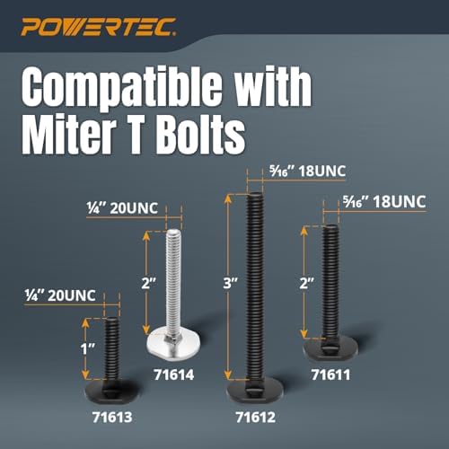 POWERTEC 72197 48-Inch Miter T-Track with Miter T-Bar, 10pc 5/16"-18 x 3" Long Miter T Slider Bolts and 5pc 5/16"-18 4 Point Knobs for Woodworking Jigs and Fixtures