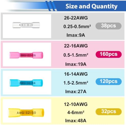 smseace 350PCS Heat Shrink Butt Connectors 26-14/22-16/16-14/12-10AWG Waterproof Electrical Wire Butt Crimp Connectors for Automotive Boat Stereo Industrial Equipment