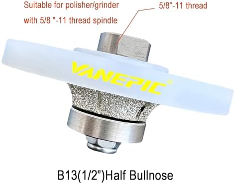 1/2 inch B13 Diamond demi bullnose Half Bullnose Profile Wheel Diamond Hand Profiler Router bit with 5/8-11 Thread for Grinder polisher Granite Marble concrete tile and Countertop Edge Shaping
