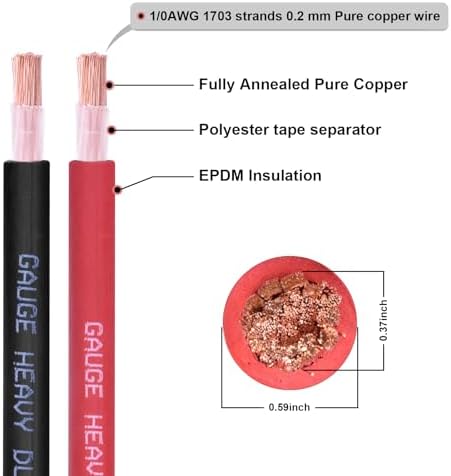 1/0 Gauge Battery Cable, 15FT Red + 15FT Black 1/0 AWG Pure Copper Wire Welding Cable, for Automotive, Battery, Solar and Generator, Standard USA OFC Wire