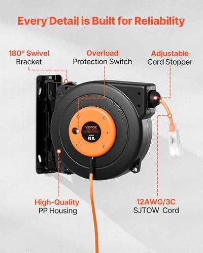 VEVOR Retractable Extension Cord Reel 45 FT 12AWG/3C SJTOW Cord Heavy Duty