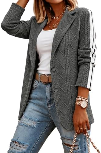 CHICME Women's Argyle Cable Jacquard Tape Sleeve Button Work Travel Blazer