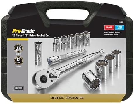 Pro-Grade 12-Piece 1/2in Drive SAE Socket Set with Storage Case, Heat-Treated Chrome Vanadium Steel, Nickel Chrome Plated, Professional Grade, 19403