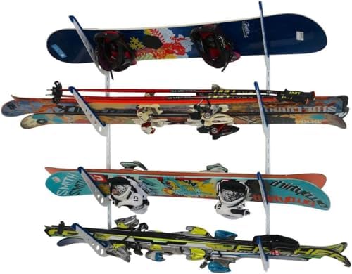 StoreYourBoard Ski Rack Wall Mount, Horizontal Ski Storage Rack for Garage, 4-Level Ski Wall Mount with Padded Arms, Ski Pole Holder, Ski Holders for Wall, Winter Gear Organizer, White, Holds 100 lbs