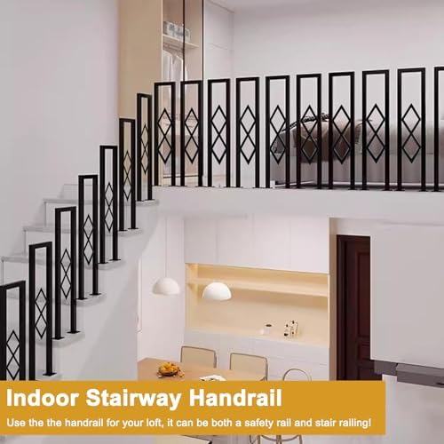 U-Shaped Stair Handrail, Black Wrought Iron Hand Rails Decorative Railing for Indoor Stairs, Porch Deck Loft Corridor Safety Non-Slip Support Poles, with Diamond Pattern (Black/3FT/90CM)