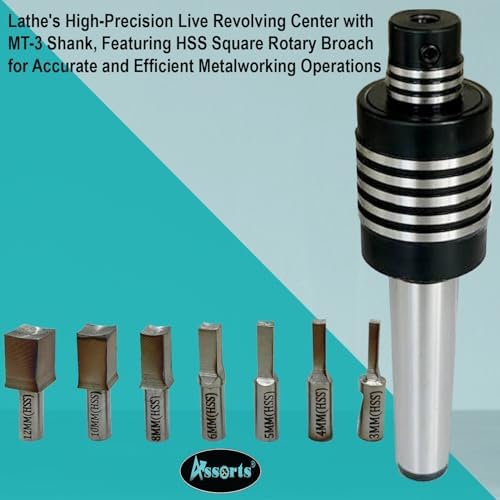MT3 Rotary Broach Live Center Set – Lathe High Precision Revolving Center with HSS Square Broach Punches (3mm–12mm), Internal Rotary Broaching Tool for Metalworking Machines