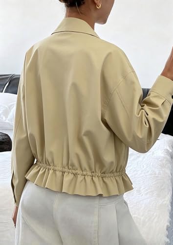 Womens Funnel Neck Jackets Fall Casual Ruffle Hem Cropped Coats