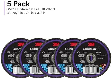 3M Cubitron 3 Cut-Off Wheel 33458, 3 in x 0.04 in x 3/8 in, Long Lasting Performance, High Cut Rate, for Automotive Cutting and Splicing, Collision Repair, 5 Wheels