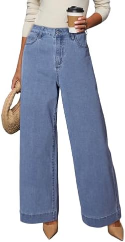 Dokotoo Women's Casual High Waisted Jeans Stretch Wide Leg Loose Denim Pant