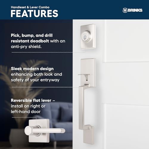 BRINKS Contemporary Keyed Entry Door Handleset with Lever and Deadbolt, Modern Front Door Lock Set, Easy Install, Pick-Resistant (Straight Lever, Satin Nickel)