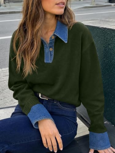 Saodimallsu Womens Denim Patchwork Sweaters V Neck Polo Pullover Tops