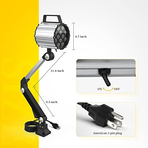 Led Waterproof Machine Work Light, Multipurpose Adjustable Angle Aluminum Alloy Long Arm for Lathe CNC Milling Drill Press and Workbench, AC 110~240V with US Plug