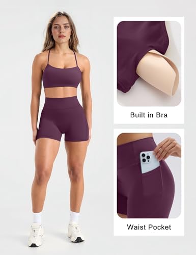 SUUKSESS Women 2 Piece Workout Sets Padded Halter Sports Bras High Waisted Biker Shorts with Pockets