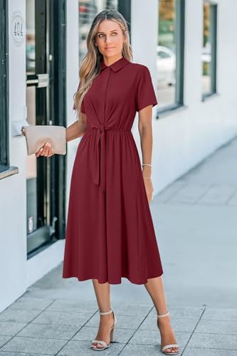 Newshows Women's Work Business Casual Outfits Tie Waist Midi Shirt Dress
