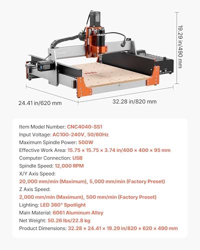 VEVOR CNC Router Machine, 500W Spindle, 3-Axis Wood Engraving Milling Machine, with Dual Linear Rails & Ball Screw, 15.75 x 15.75 x 3.74 in Working Area, Trim Router, for Wood Acrylic Carving Cutting