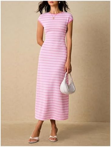 SOLY HUX Women's Striped Midi Dress Casual Work Knit Bodycon Summer Dresses
