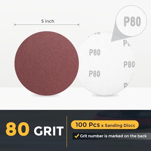 HARFINGTON 100 Pcs 5 Inch Sanding Discs 80 Grit Red Aluminum Oxide