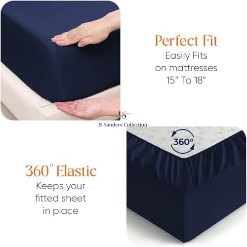 JS Sanders Collection 600TC Flex Top Queen Sheets for Sleep Number Bed - 100% Cotton 4 Pcs Top Split Queen Sheets for Adjustable Bed Queen 36 Inch Down Navy Blue -18 Inch Deep