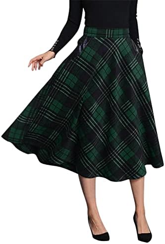IDEALSANXUN Womens Plaid Wool Skirts Elastic Waist A-Line Pleated Tartan Long Skirts