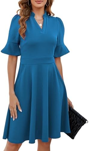 Mokayee Womens Summer V Neck Ruffle Short Sleeve Fit and Flare Knee Length Church Wedding Guest Dresses with Pockets