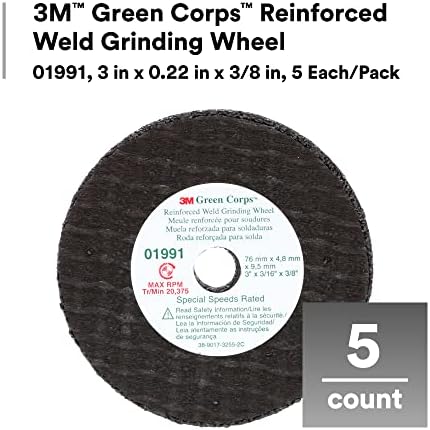 3M Green Corps Reinforced Weld Grinding Wheel 01991, 3 in, .22" x 3/8" 5 Pack Heavy Duty, Resin Bonded, Long Lasting Wheel for Fast Cut, Auto Body