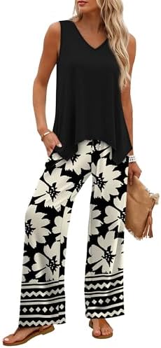 WIHOLL Two Piece Sets for Women Dressy Lounge Sets Summer Outfits Cruise Travel Beach Vacation Casual Wide Leg Pants Set