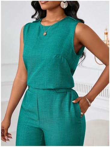 Floerns Women's 2 Piece Sets Dressy Outfits Bussiness casual Crew Neck Sleeveless Blouse and Elegant Pants Set