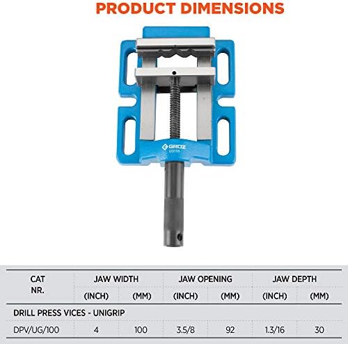 Groz Unigrip Drill Press Vise, 4" Jaw Width, Cast Iron with Precision-Ground Base and Bed, Round Stock Prisms, 3-5/8" Jaw Opening, Bench Drill and Drill Press Workholding (35121)