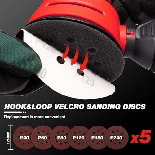 SHALL 5-Inch Random Orbital Sander, 3.2 AMP - 6 variable Speeds - Max 13000 RPM, with 30pcs Sandpaper & Detachable Dust Bag, Sanding for Polishing Woodworking, Refinish Furniture & Remove Varnish