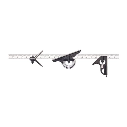 Starrett Combination Set with Square, Center and Reversible Protractor Head and Blade - 24" Blade Length, Forged and Hardened Steel Heads, 4R Graduation Type - 434-24-4R