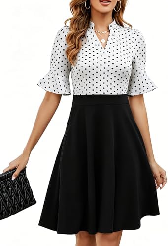 Mokayee Womens Summer V Neck Ruffle Short Sleeve Fit and Flare Knee Length Church Wedding Guest Dresses with Pockets