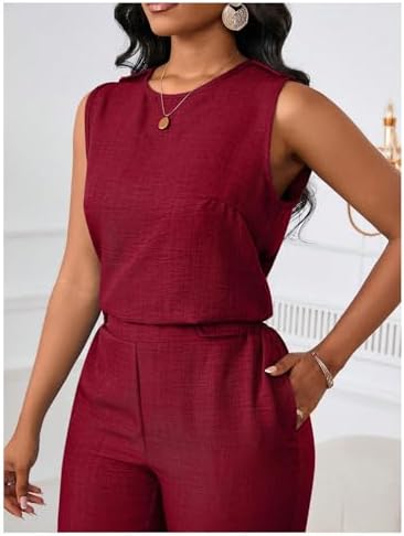 Floerns Women's 2 Piece Sets Dressy Outfits Bussiness casual Crew Neck Sleeveless Blouse and Elegant Pants Set