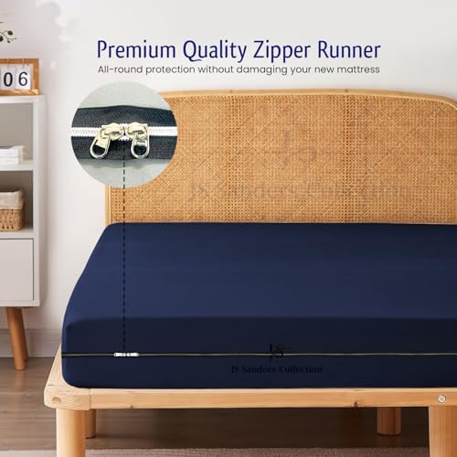 JS Sanders Zippered Mattress Protector Full Size – Soft 100% Egyptian Cotton, 600 Thread Count Deep Pocket Fitted Sheet Encasement Cover for Bed Breathable, 12-16 Inch Fit, Navy Blue 54x75