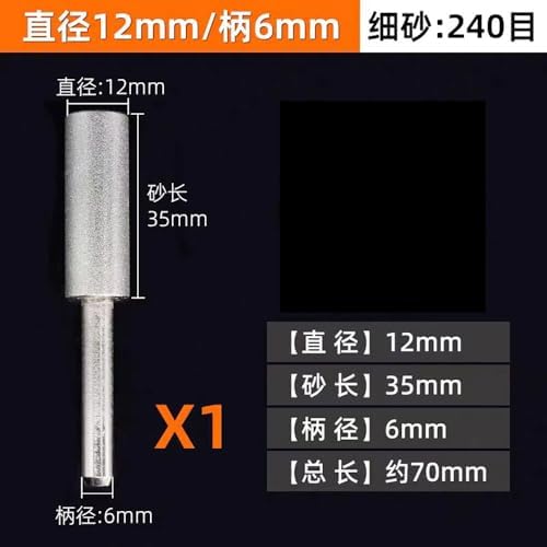6-40mm Diamond Grinding Wheel Cylinder Shape, 240 Grit Mounted Points for Lapidary Glass Stone Carving, 6-8mm Shank Rotary Accessories (1 PC)(12mm)