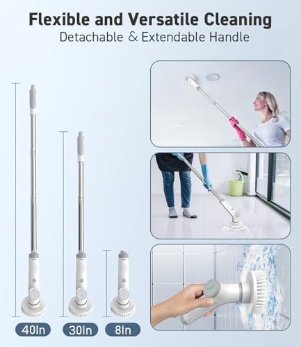 VEWIOR Electric Spin Scrubber with 3 Replacement Brushes, Cordless Shower Scrubber with Adjustable Handle and Power Dual Speed for Bathroom Tub Tile Grout