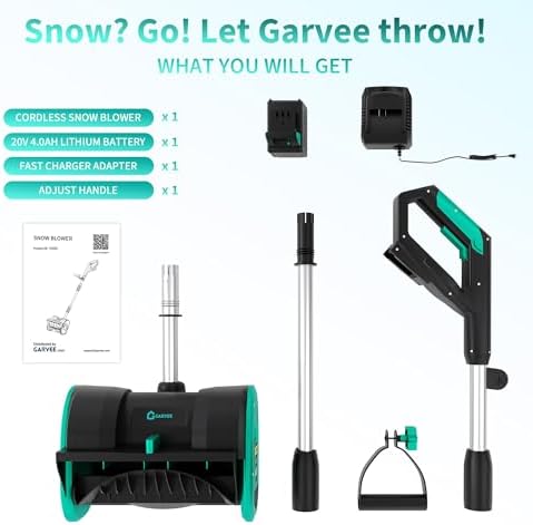 Garvee 12" Snow Blower Cordless - Snow Shovel for Driveway, 16.5 ft Snow Throwing Distance, 20V 1 * 4.0Ah Battery & Quick Charger, Adjustable Handle, for Walkways Deck Stair Snow Removal
