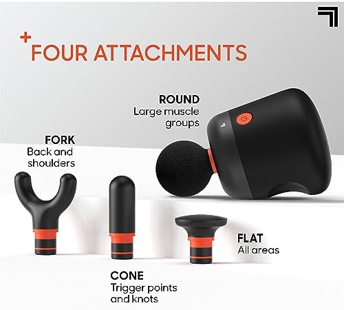 Sharper Image Mini Massage Gun, Powerboost Palm Rechargeable Deep Tissue Percussion Handheld Massager, 4 Adjustable Speeds, 4 Attachment Heads, Full Body Muscle Pain Relief Gift, Black