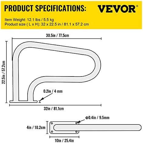 VEVOR Pool Handrail, 32 x 22.5 Swimming Pool Stair Rail, 304 Stainless Steel Stair Pool Hand Rail Rated 375lbs Load Capacity, Pool Rail with Quick Mount Base Plate, and Complete Mounting Accessories