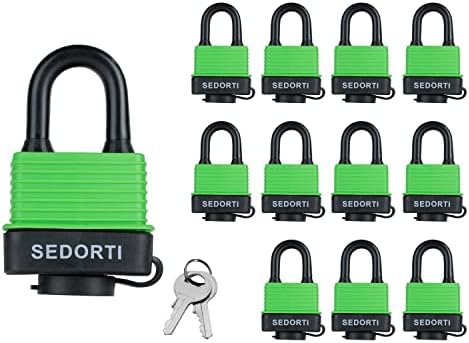 SEDORTI Colored Waterproof Padlocks, Green-Covered Laminated Steel Lock, Same Color with Same Key, Keyed Alike Outdoor Locks, Can Be Used as Lockout Tagout Lock, Pack of 12