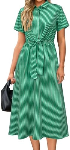 Newshows Women's Work Business Casual Outfits Tie Waist Midi Shirt Dress