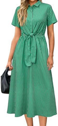 Newshows Women's Work Business Casual Outfits Tie Waist Midi Shirt Dress