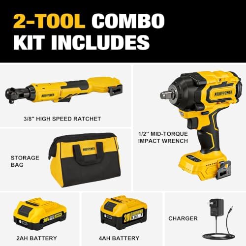 20V 1/2 "Cordless Brushless Impact Wrench& 3/8'' Ratchet Combo Kit