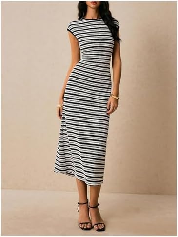 SOLY HUX Women's Striped Midi Dress Casual Work Knit Bodycon Summer Dresses
