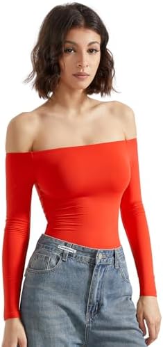 SUUKSESS Women Off Shoulder Long Sleeve Bodysuits Double Lined Basic Tops