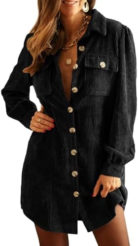 Alaster Queen Women's Corduroy Long Sleeve Button Work Tunic Short Dresses