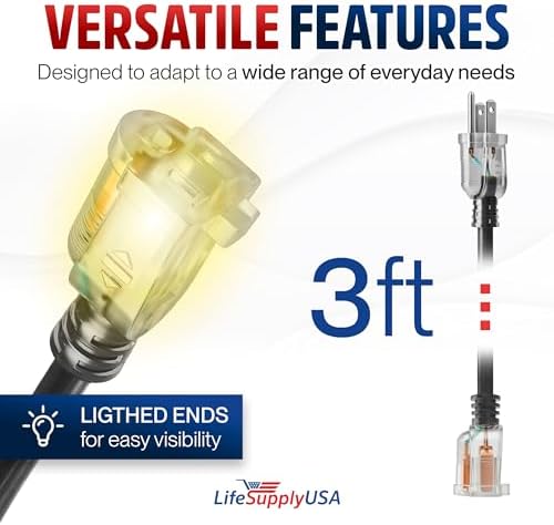 3ft Outdoor/Indoor Extension Cord 14/3 Gauge Heavy Duty 3 Prong SJTW, Waterproof, Flexible Cold-Resistant Long Power Cord,15A 125V 1875W, Black by LifeSupplyUSA