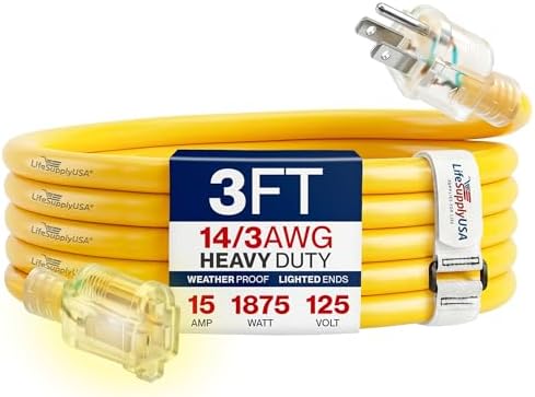 3ft Outdoor/Indoor Extension Cord 14/3 Gauge Heavy Duty 3 Prong SJTW, Waterproof, Flexible Cold-Resistant Long Power Cord,15A 125V 1875W, Yellow by LifeSupplyUSA