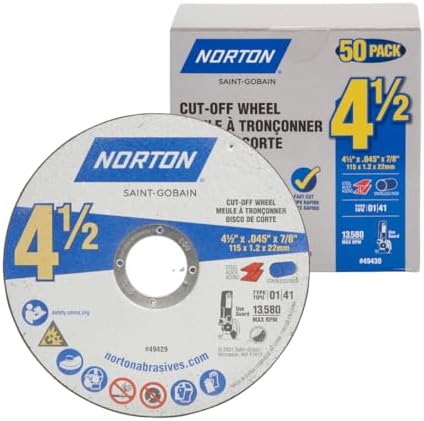 Norton Cut Off Wheels 50-Pack, 4 1/2 Inch High Performance Metal & Stainless Steel Cutting Disc, 7/8'' Arbor, Compatible with Angle Grinders
