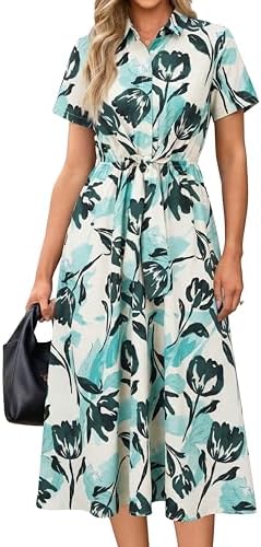 Newshows Women's Work Business Casual Outfits Tie Waist Midi Shirt Dress